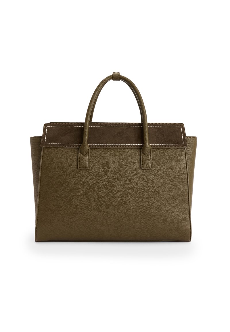 Olijfgroene handtas van textured leer met een gladde suède accent bovenkant, dubbele handgrepen en contrasterende witte stiksels.