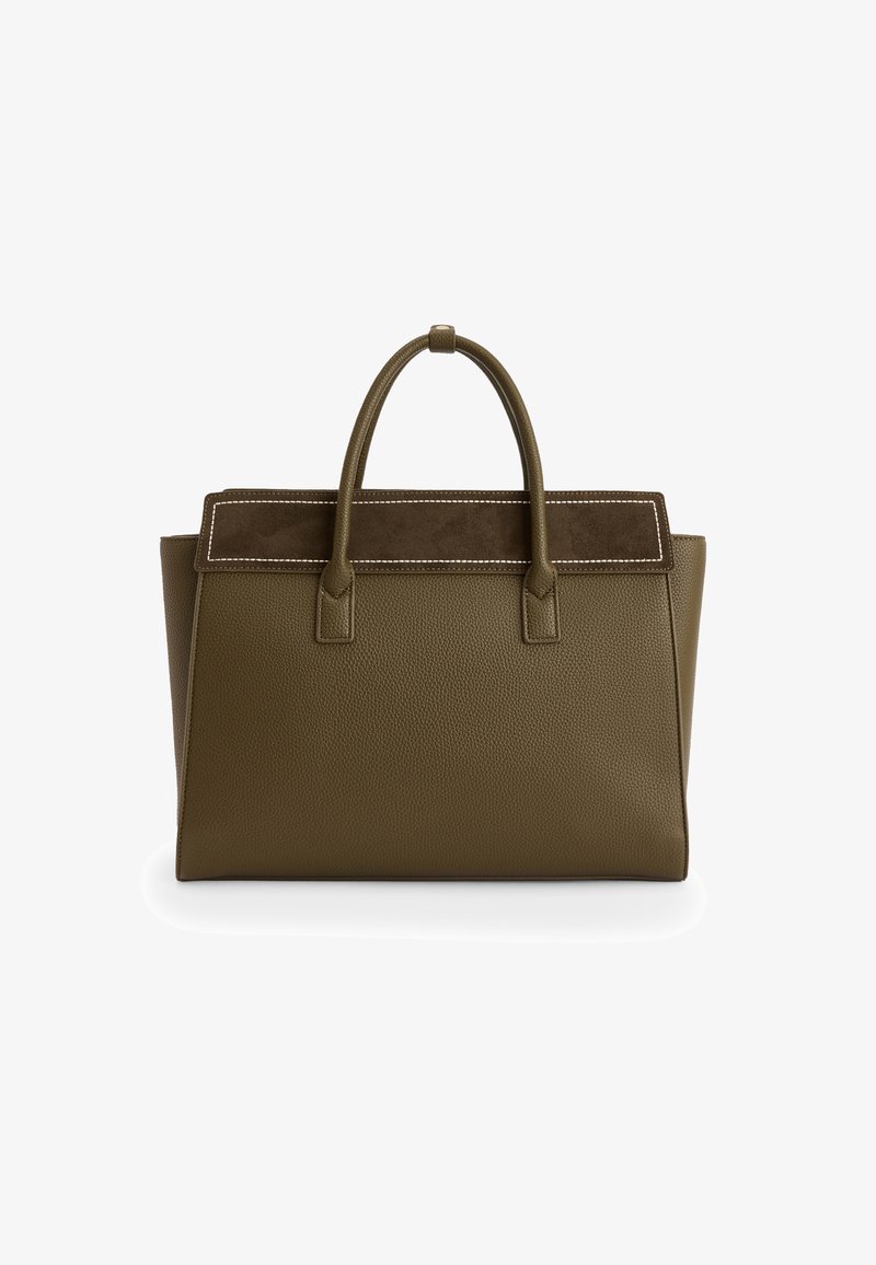 Olijfgroene handtas van textured leer met een gladde suède accent bovenkant, dubbele handgrepen en contrasterende witte stiksels.
