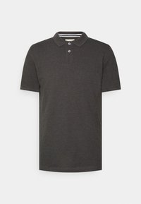 Dark gray polo shirt made of cotton. Features a traditional collar, three-button placket, and a striped inner collar detail. Short sleeves.