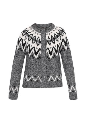 Grauer Strick-Cardigan mit schwarz-weißen geometrischen Mustern, rundem Halsausschnitt, vorderen Knöpfen und langen Ärmeln. Weicher Stoff und klassischer Schnitt.