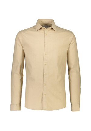 Beige Langarmhemd aus Baumwolle mit klassischem Kragen, vorderer Knopfleiste und einfarbigem, ohne Muster.