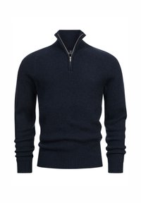 Ciemnogranatowy sweter wełniany z suwakiem na ćwierć wysokości, prążkowaną teksturą i dopasowanymi mankietami, zapewniający smukły wygląd.