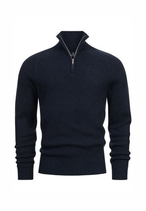 Mørk marineblå strikkegenser med kvart-zip krage, ribbemønster og tettsittende mansjetter for et strømlinjeformet utseende.