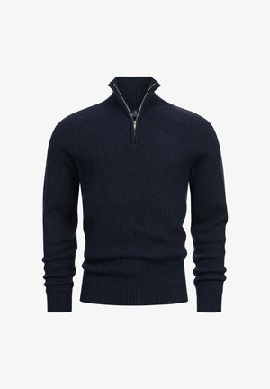 Dunkelblaues Strickpullover mit einem Viertelreißverschluss-Kragen, geripptem Muster und enganliegenden Bündchen für einen eleganten Look.