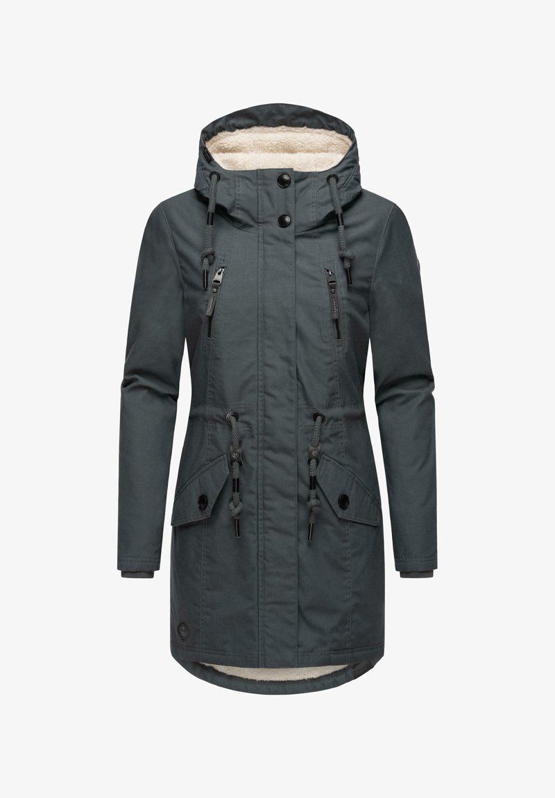 Mörkgrå parkajacka med fleecefoder i huvan, två fickor med dragkedja på bröstet och justerbara dragsko vid midjan och nederkanten.