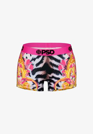 Kleurvolle PSD boxershorts met een roze elastische tailleband, gedurfde bloem- en dierenprints, en een zachte, rekbare stof.