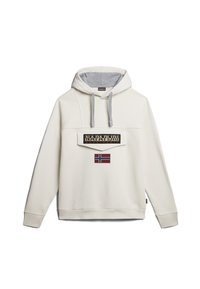 Jasny kremowy hoodie wykonany z mi�ękkiego materiału, z szarym wykończeniem kaptura, przednią kieszenią oraz haftowanym logo z norweską flagą.
