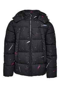 Μαύρο μπουφάν με φερμουάρ μπροστά, με πολύχρωμα σχέδια πιτσιλιών σε ροζ και λευκό. Μονωμένη κατασκευή και ψηλός γιακάς με κουκούλα.