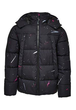 Μαύρο μπουφάν με φερμουάρ μπροστά, με πολύχρωμα σχέδια πιτσιλιών σε ροζ και λευκό. Μονωμένη κατασκευή και ψηλός γιακάς με κουκούλα.