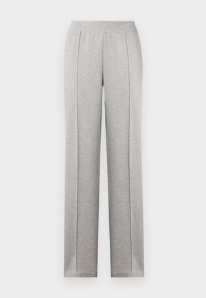 Vaaleanharmaat suorat housut, joissa on joustava vyötärönauha ja pystysaumat edessä.