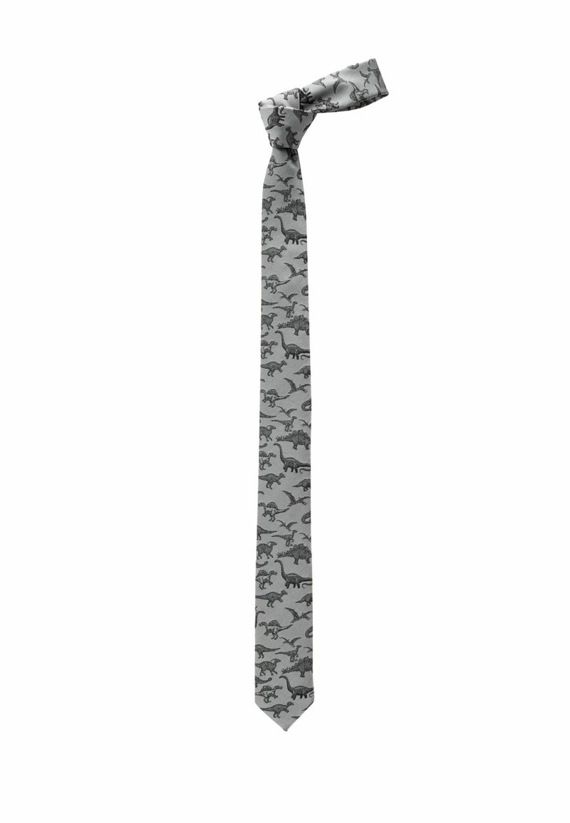 Cravate grise avec un motif de dinosaures noirs répété. Tissu lisse avec une forme étroite et une pointe, comportant une extrémité nouée.