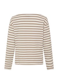 Langærmet skjorte i cremefarve med vandrette brune striber, med rund hals og afslappet pasform. Blødt bomuldsstof med en glat tekstur.