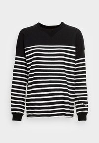 Schwarz-weißer gestreifter Sweatshirt mit V-Ausschnitt, langen Ärmeln und gerippten Bündchen. Die Streifen variieren in der Breite und erzeugen ein auffälliges Muster.