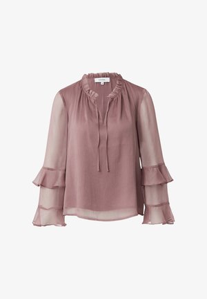 Light mauve blouse with ruffled neckline and tie detail; sheer sleeves feature layered ruffles for added texture and flow.
