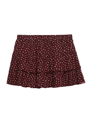Minigonna a balze color amaranto con elastico in vita e piccola stampa floreale bianca, caratterizzata da strati arricciati e targhetta con logo Superdry.