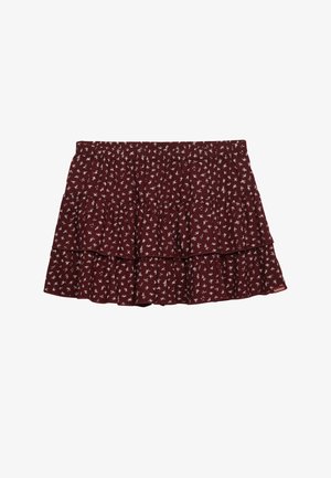Minigonna a balze color amaranto con elastico in vita e piccola stampa floreale bianca, caratterizzata da strati arricciati e targhetta con logo Superdry.