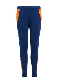 Marineblaue Sporthose mit orangefarbenen Netz-Seitenpanelen und Streifen, elastischem Bund und schmalem Schnitt. Hergestellt aus atmungsaktivem Material.