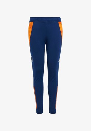 Pantalones deportivos de color azul marino con paneles laterales y franjas de malla naranja, cinturilla elástica y diseño ajustado. Hechos de un tejido transpirable.