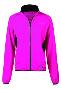 Bright pink lightweight jacket with black accents, full zip, high collar, elastic cuffs, and reflective detailing along the seams. Perfect for active wear.