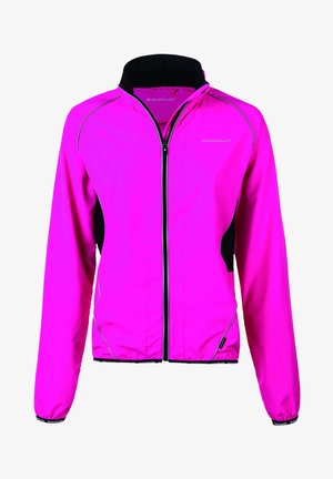 Giacca leggera di un vivace rosa con dettagli neri, zip completa, colletto alto, polsini elasticizzati e dettagli riflettenti lungo le cuciture. Perfetta per l'abbigliamento sportivo.