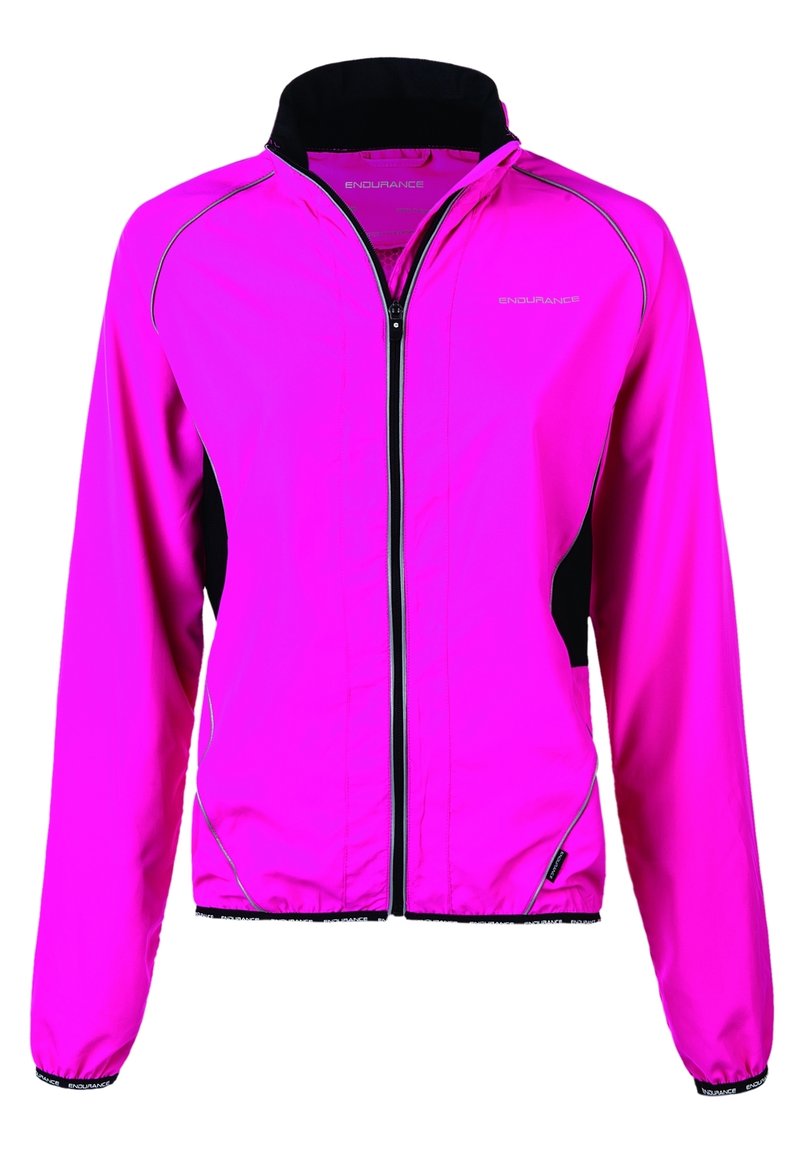 Bright pink lightweight jacket with black accents, full zip, high collar, elastic cuffs, and reflective detailing along the seams. Perfect for active wear.