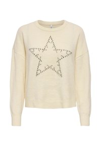 Crème-kleurige trui met een ontspannen pasvorm, voorzien van een groot sterontwerp gemaakt van zilveren studs in het midden. Zachte gebreide textuur, geribbelde manchetten.
