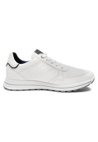 White leather sneaker with lace-up front, black heel tab, cushioned sole, and textured rubber outsole, shown in side profile.