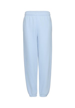 Jasnoniebieskie spodnie dresowe z elastycznym pasem i ściągaczami, prosty krój, bez widocznych logo ani kieszeni.