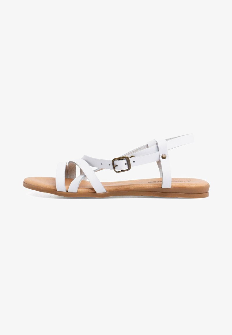 Valged nahast sandaalid ristkülikukujuliste rihmadega, reguleeritava pahkluu klambriga ja tasase pruuniga tallaga. Sile tekstuur ja minimalistlik disain.