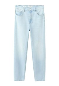 Jean en denim bleu clair, taille haute, coupe droite, avec fermeture à boutons sur le devant, fermeture éclair et design à cinq poches.