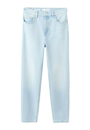 Svetlomodré rifle s vysokým pásom a rovnými nohavicami, so zapínaním na gombík a zips vpredu a dizajnom s piatimi vreckami.