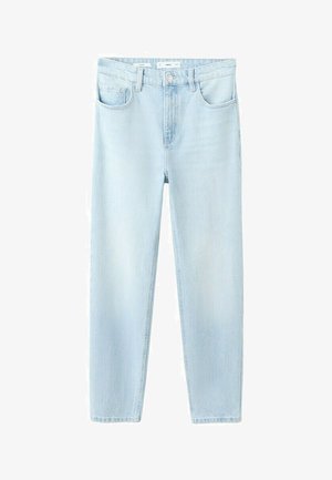 Light blue high-waist straight-leg denim jeans with front button and zipper closure and five-pocket design.
