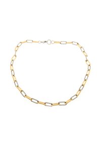 Die Halskette aus Gold und Silber verfügt über abwechselnd lange Glieder mit einem gewundenen Design, die mit einem Metallverschluss gesichert sind.