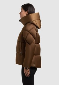 Giubbotto puffo marrone con colletto alto e cappuccio. Presenta un motivo a trapunta, tasche laterali e una superficie in tessuto elegante. Dettagli con zip all'orlo.