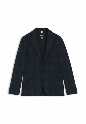 Blazer a quadri blu navy con rever a incavo, due tasche frontali, chiusura con due bottoni e etichetta "BOSS" all'interno del colletto.