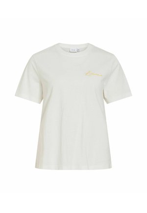 Weißes T-Shirt mit kurzen Ärmeln, Rundhalsausschnitt und kleinem gelben „Lemon“-Schriftzug auf der linken Brust, Vorderansicht vor einfarbigem Hintergrund.