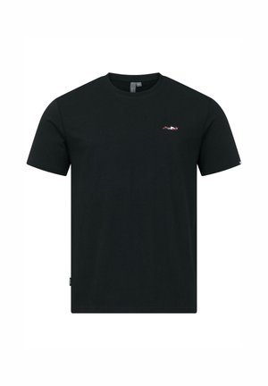 Schwarzes T-Shirt mit kurzen Ärmeln und Rundhalsausschnitt, mit kleinem, mehrfarbigem Logo auf der linken Brust und einem Stoffetikett am Seiten Saum.