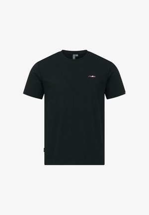 Schwarzes T-Shirt mit kurzen Ärmeln und Rundhalsausschnitt, mit kleinem, mehrfarbigem Logo auf der linken Brust und einem Stoffetikett am Seiten Saum.