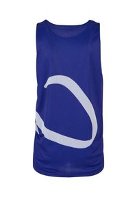 Canotta in rete blu con una grande grafica bianca curvata sulla parte anteriore, caratterizzata da un colletto rotondo e design senza maniche.