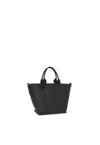 Borsa a spalla in pelle nera con una forma strutturata, due manici annodati e una superficie testurizzata. Presenta accessori in metallo sui lati.