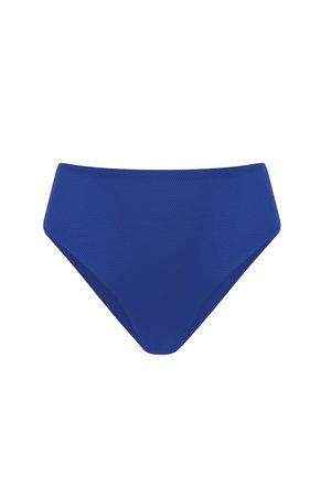 Dół od bikini z wysokim stanem w jednolitym niebieskim kolorze. Teksturowana tkanina z gładkimi krawędziami, oferująca klasyczną sylwetkę stroju kąpielowego.