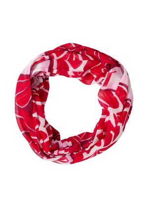 Rødt og pink ovalt tørklæde med abstrakte hvide og kirsebærrøde mønstre, arrangeret i en cirkulær løkke på en hvid baggrund.