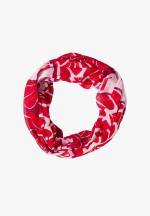 Roter und rosa Infinity-Schal mit abstrakten weißen und kastanienbraunen Mustern, kreisförmig auf weißem Hintergrund arrangiert.