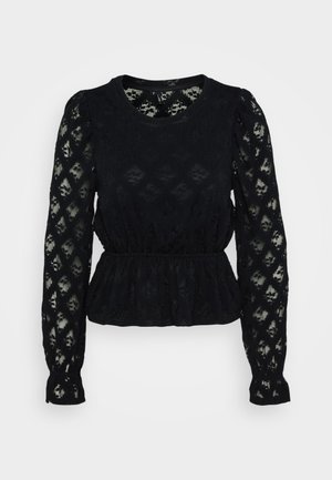 Juodas nėrinių viršus su ilgomis, pūstomis rankovėmis, tekstūruota raštu, apvaliu iškirpimu ir susirinkusia juosmens linija, kuri suteikia prigludusią siluetą.