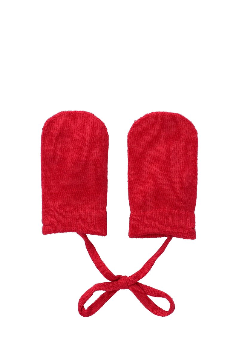 Rote gestrickte Handwärmer mit abgerundetem Oberteil, gerippten Bündchen und durch ein rotes Stoffband verbunden. Weiche Textur; Erwachsenengröße.