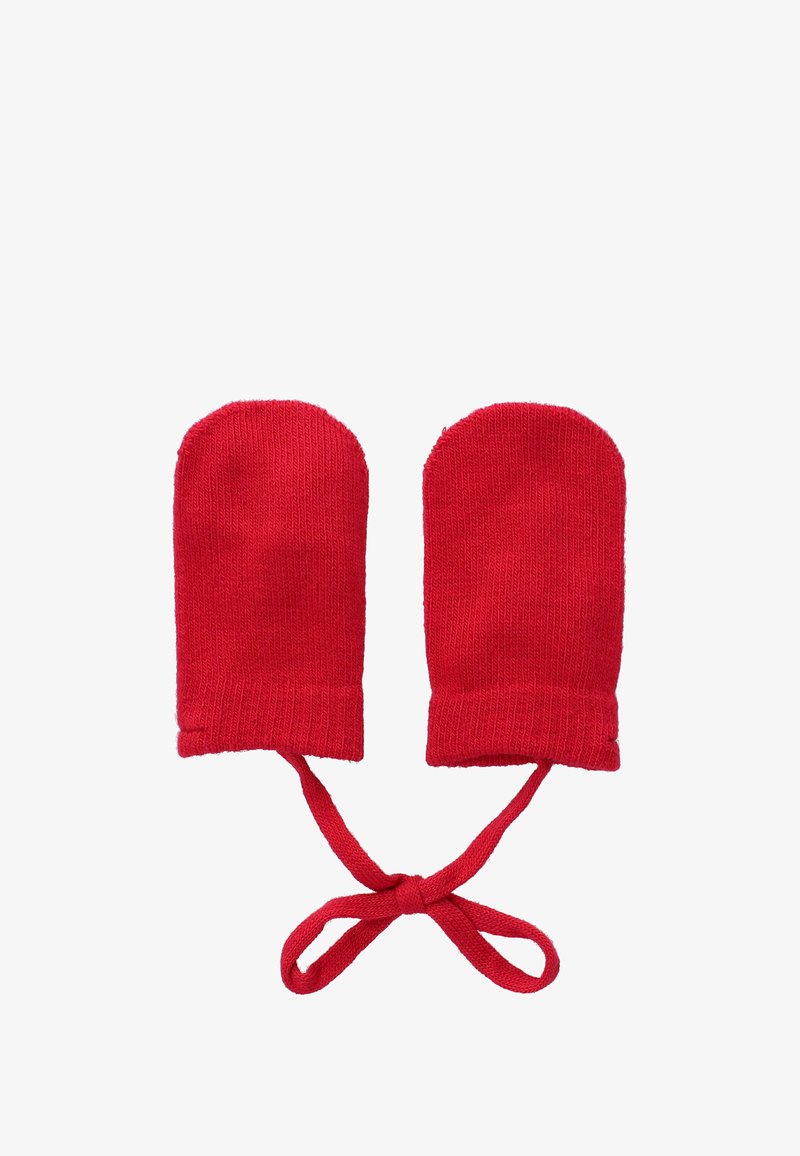Rote gestrickte Handwärmer mit abgerundetem Oberteil, gerippten Bündchen und durch ein rotes Stoffband verbunden. Weiche Textur; Erwachsenengröße.