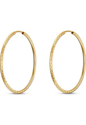 Goldene Creolen mit gehämmertem Muster, die ein kreisförmiges Design und eine glatte Innenseite aufweisen und eine mittlere Größe haben.