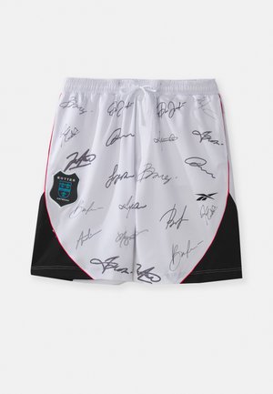 White shorts with black accents and red piping, featuring multiple black signatures. Includes a botter Antwerp logo on the left side.