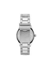 Orologio in acciaio inossidabile con bracciale e chiusura in argento lucido. Presenta una cassa rotonda con fondo trasparente e logo inciso.