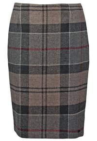 Jupe crayon longueur genou avec grand motif à carreaux dans des nuances de gris, noir, marron, et fines lignes rouges sur un tissu en laine.